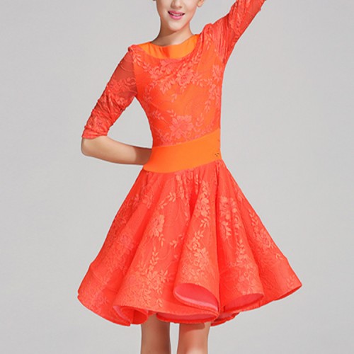 Girls latin dance dresses mint orange blue lace stage performance rumba salsa chacha dance skirts costumes dress